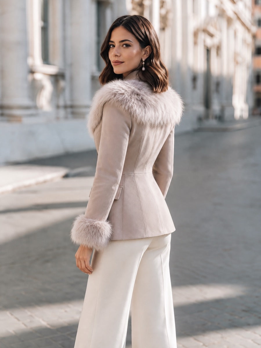 Shiza Collection Greige Faux Fur Trim Fitted Jacket