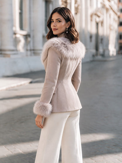 Shiza Collection Greige Faux Fur Trim Fitted Jacket