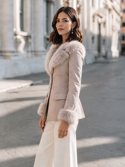 Shiza Collection Greige Faux Fur Trim Fitted Jacket