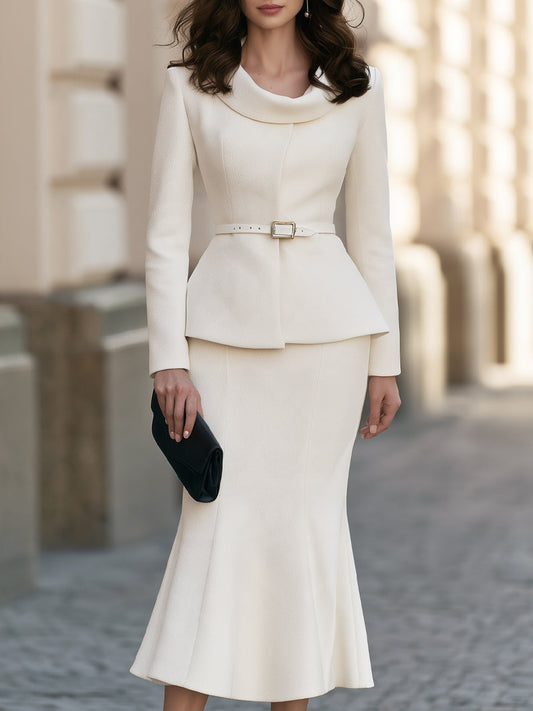 Shiza Collection Ivory Cowl Neck Belted Top Mermaid Skirt Set