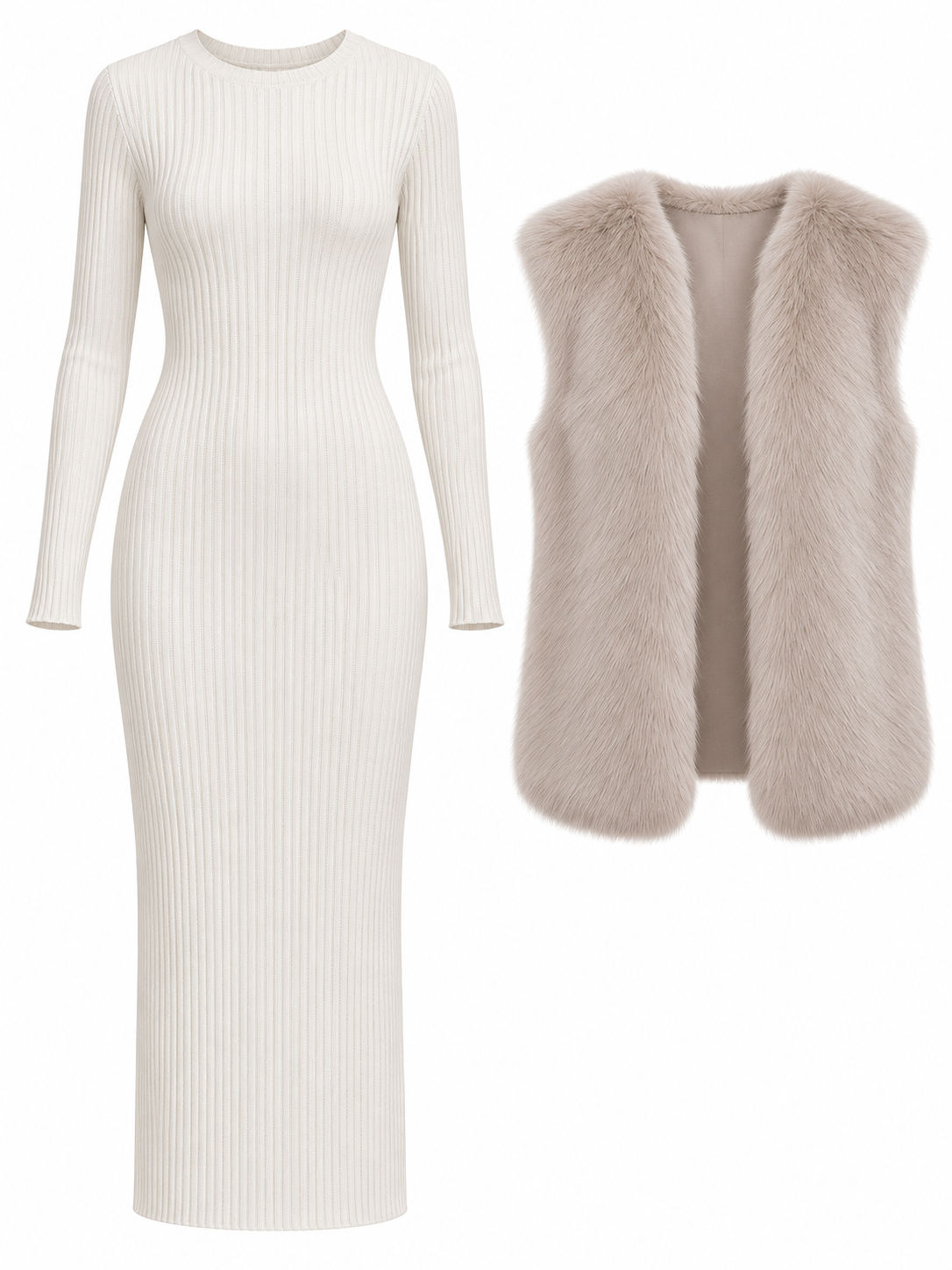 Shiza Collection Ivory Ribbed Knit Dress Faux Fur Vest Set