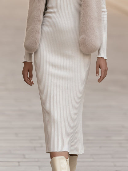Shiza Collection Ivory Ribbed Knit Dress Faux Fur Vest Set
