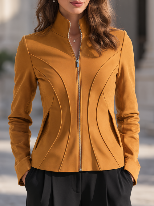 Shiza Collection Mustard Stand Collar Full-Zip Fitted Jacket