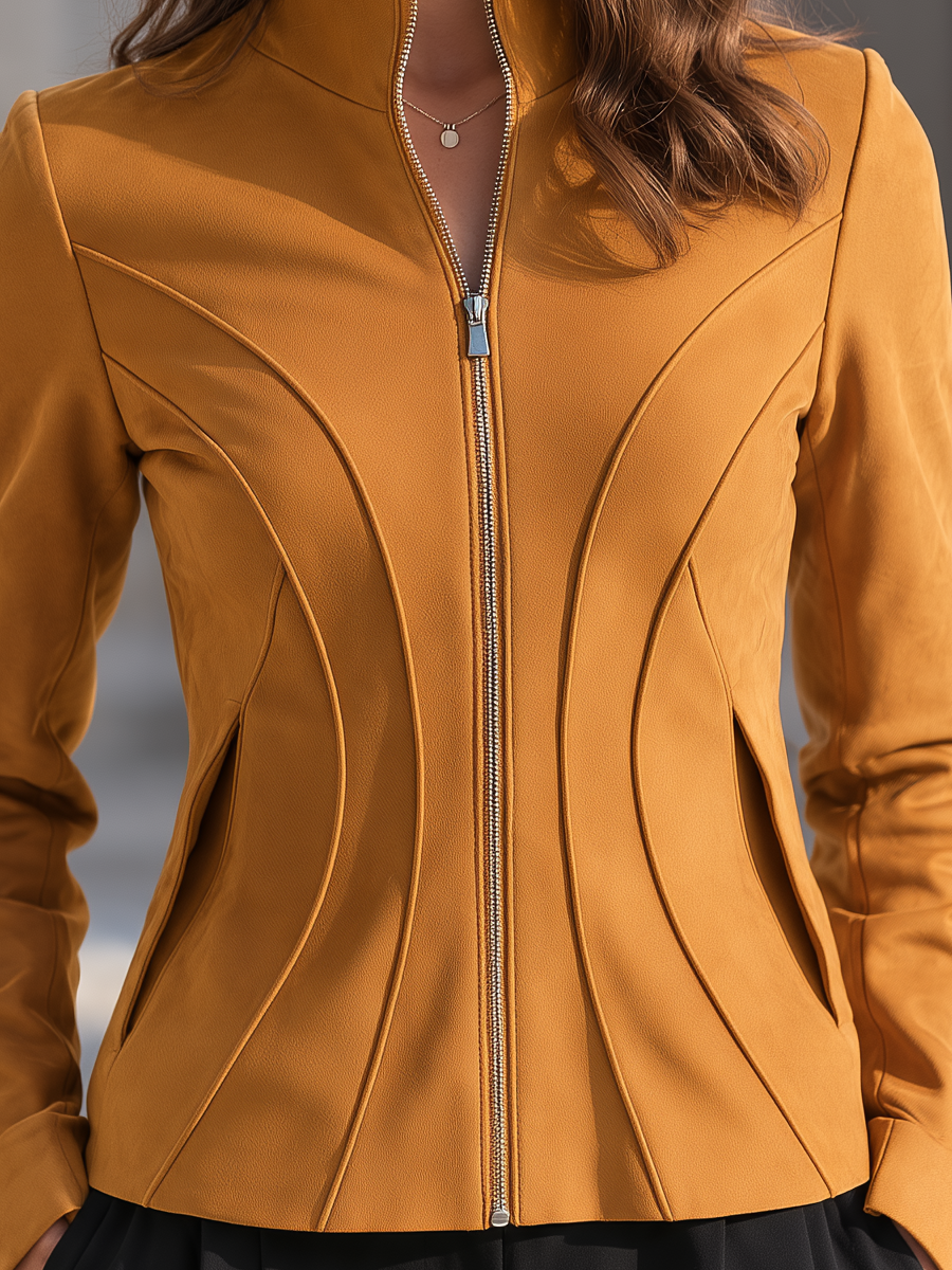 Shiza Collection Mustard Stand Collar Full-Zip Fitted Jacket