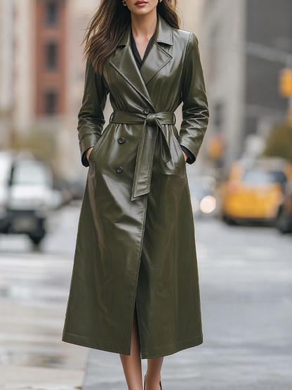 Shiza Collection Olive Faux Leather Belted Long Trench Coat