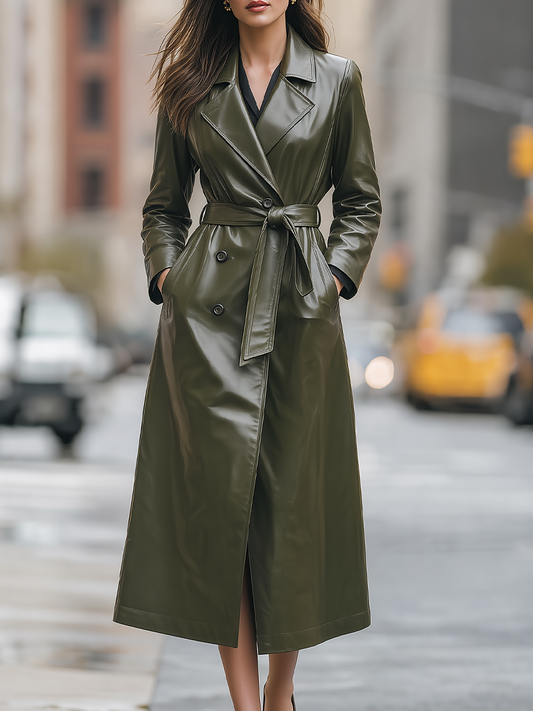 Shiza Collection Olive Faux Leather Belted Long Trench Coat