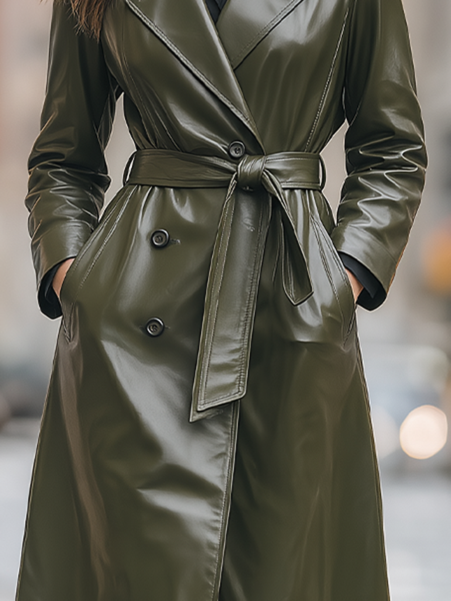 Shiza Collection Olive Faux Leather Belted Long Trench Coat