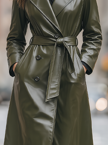 Shiza Collection Olive Faux Leather Belted Long Trench Coat