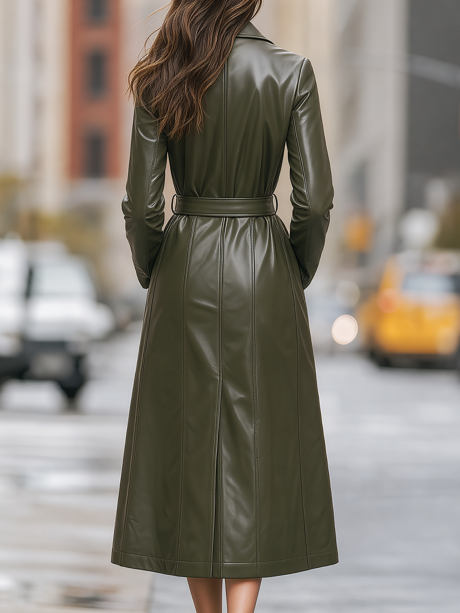Shiza Collection Olive Faux Leather Belted Long Trench Coat