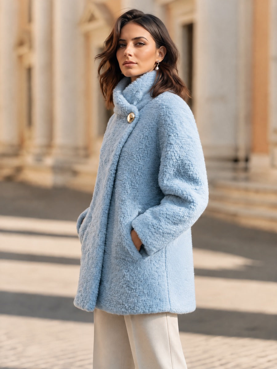 Shiza Collection Powder Blue Faux Shearling Wrap Collar Coat