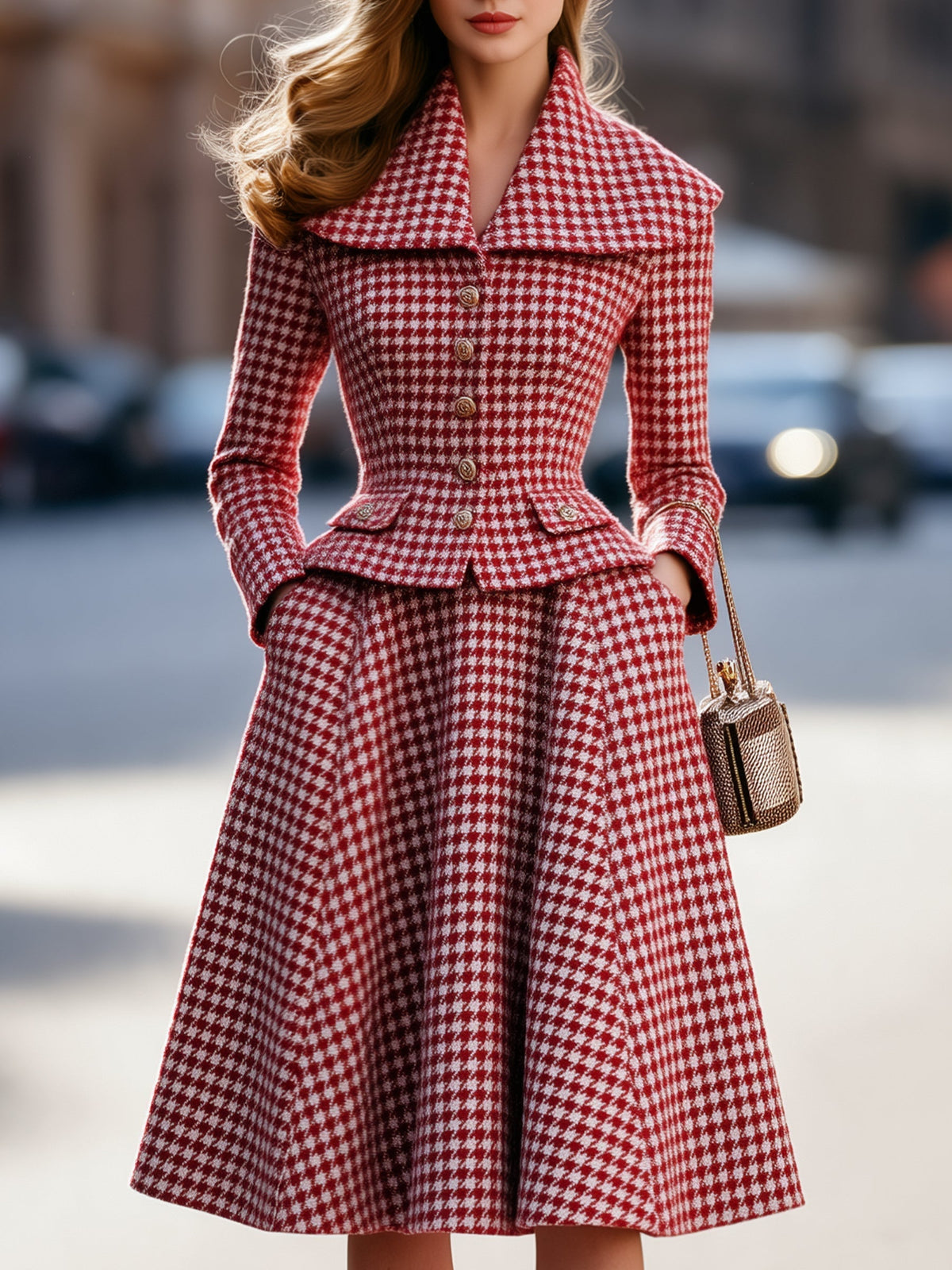 Shiza Collection Red Houndstooth Jacket A-Line Midi Skirt Set