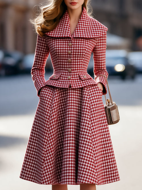 Shiza Collection Red Houndstooth Jacket A-Line Midi Skirt Set