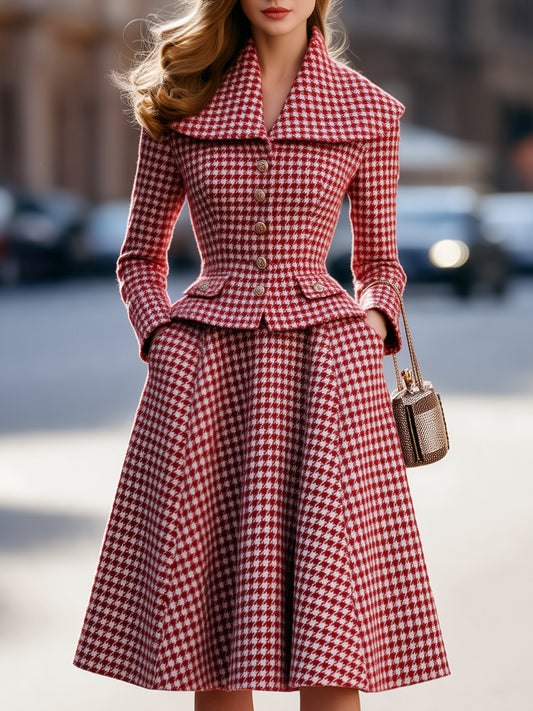 Shiza Collection Red Houndstooth Jacket A-Line Midi Skirt Set