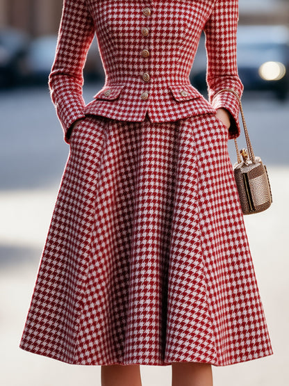 Shiza Collection Red Houndstooth Jacket A-Line Midi Skirt Set