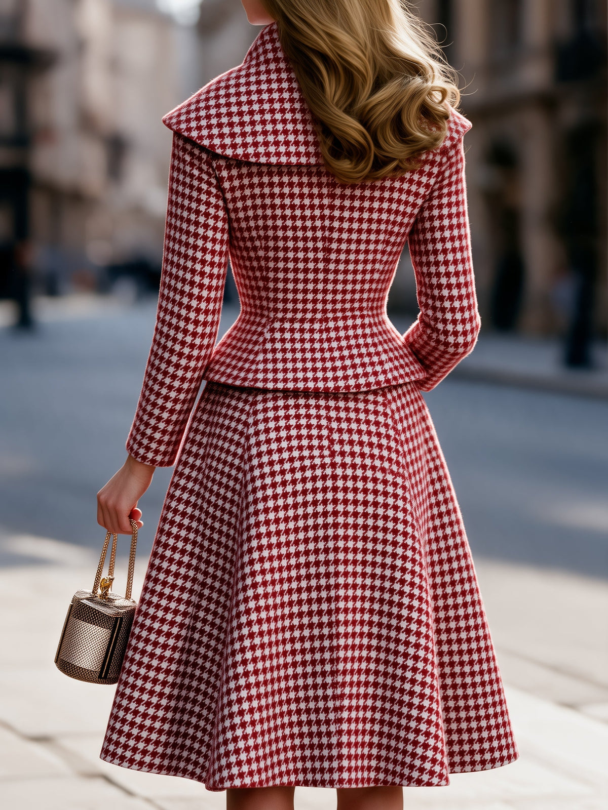 Shiza Collection Red Houndstooth Jacket A-Line Midi Skirt Set