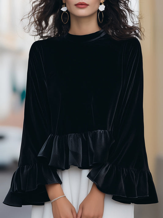 Shiza Collection Velvet Ruffle-Trim Bell Sleeve Blouse