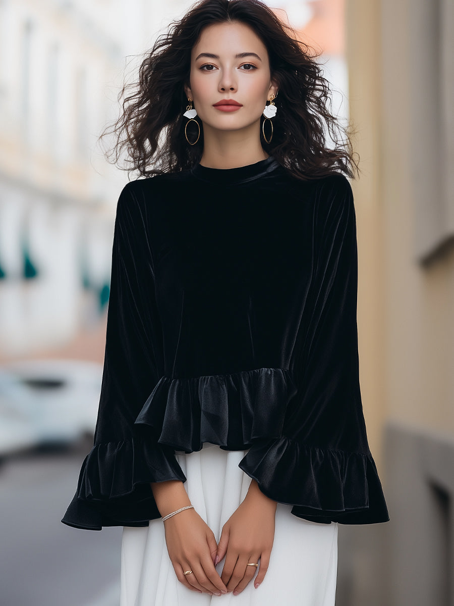 Shiza Collection Velvet Ruffle-Trim Bell Sleeve Blouse