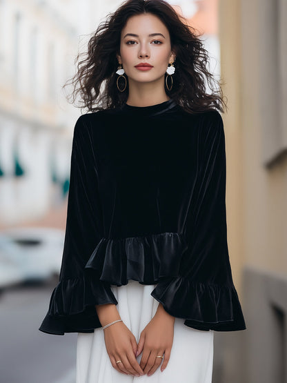 Shiza Collection Velvet Ruffle-Trim Bell Sleeve Blouse