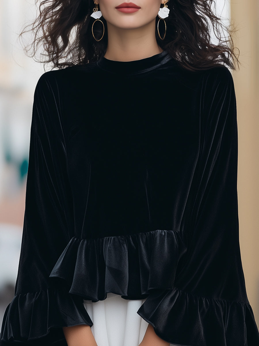 Shiza Collection Velvet Ruffle-Trim Bell Sleeve Blouse