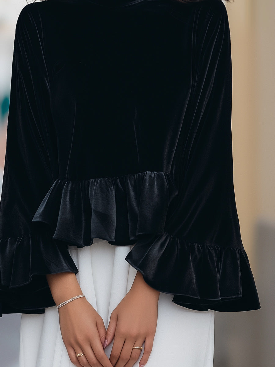 Shiza Collection Velvet Ruffle-Trim Bell Sleeve Blouse