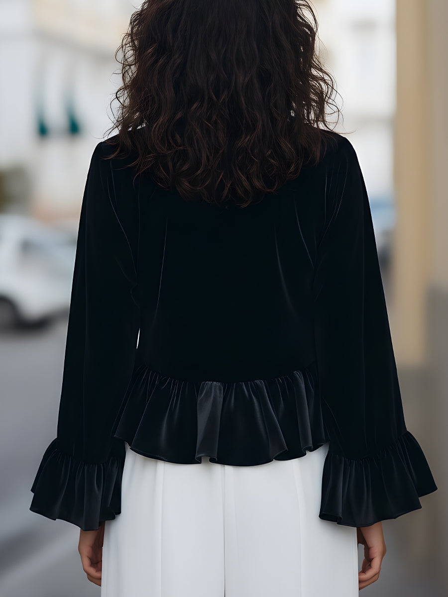 Shiza Collection Velvet Ruffle-Trim Bell Sleeve Blouse