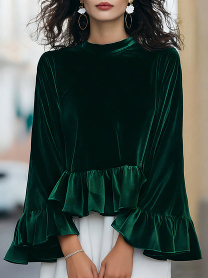 Shiza Collection Velvet Ruffle-Trim Bell Sleeve Blouse