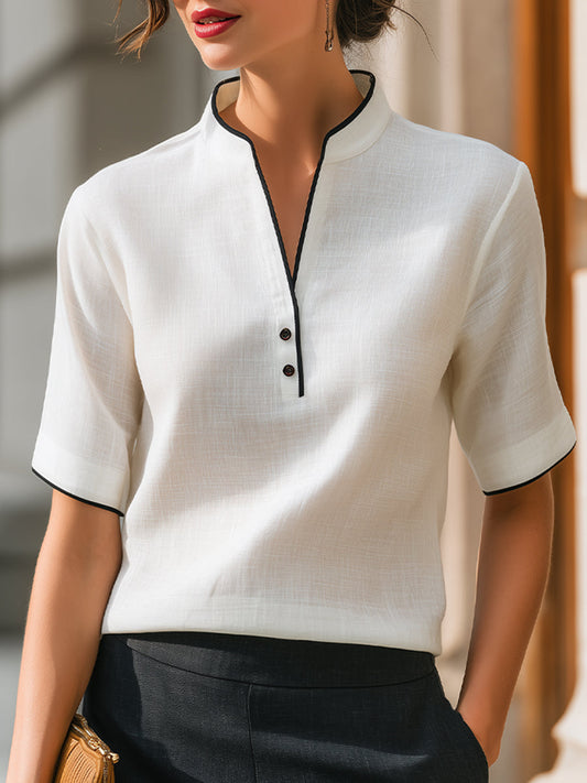 Shiza Collection White Contrast Trim Notch Collar Blouse