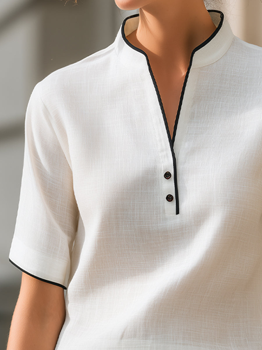 Shiza Collection White Contrast Trim Notch Collar Blouse