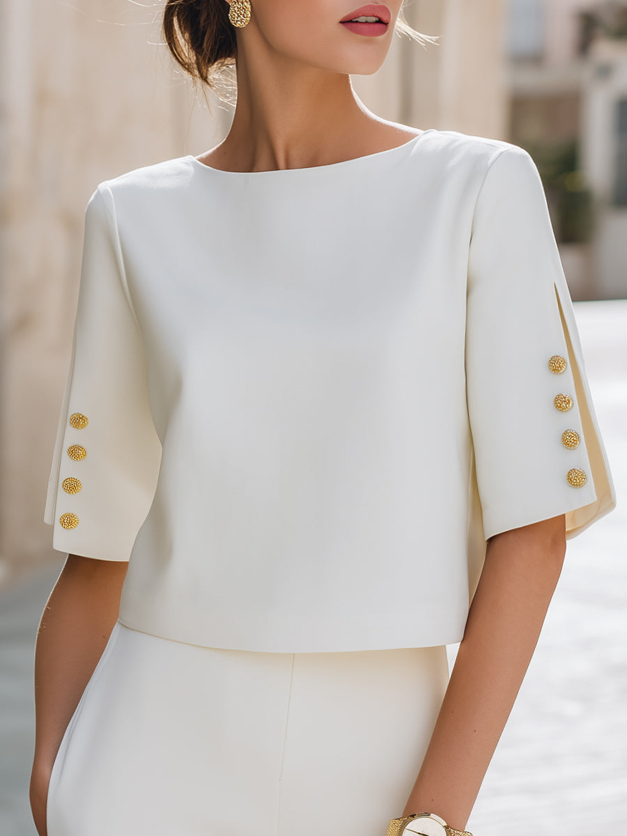 Shiza Collection White Split Sleeve Gold Button Top