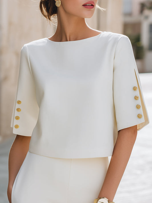 Shiza Collection White Split Sleeve Gold Button Top
