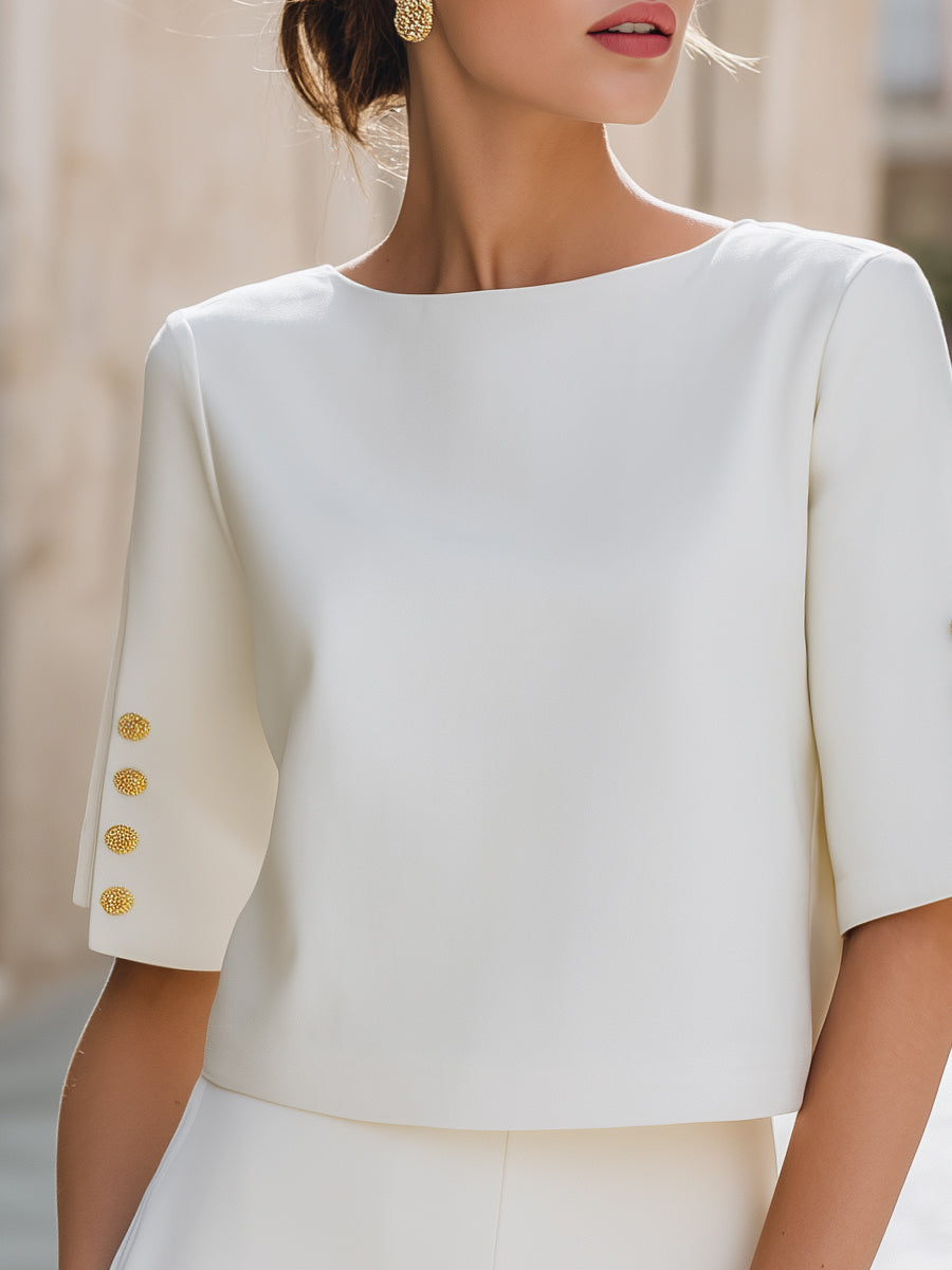 Shiza Collection White Split Sleeve Gold Button Top