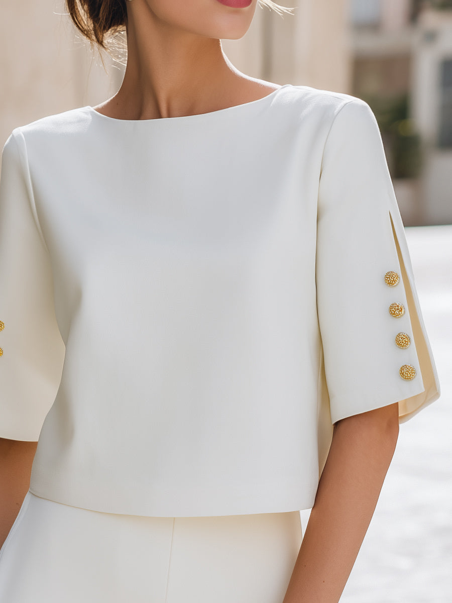 Shiza Collection White Split Sleeve Gold Button Top