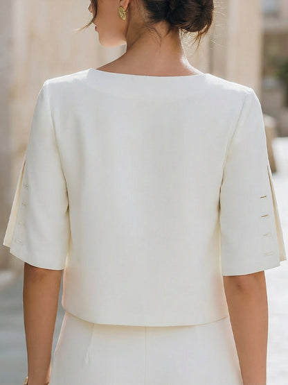 Shiza Collection White Split Sleeve Gold Button Top
