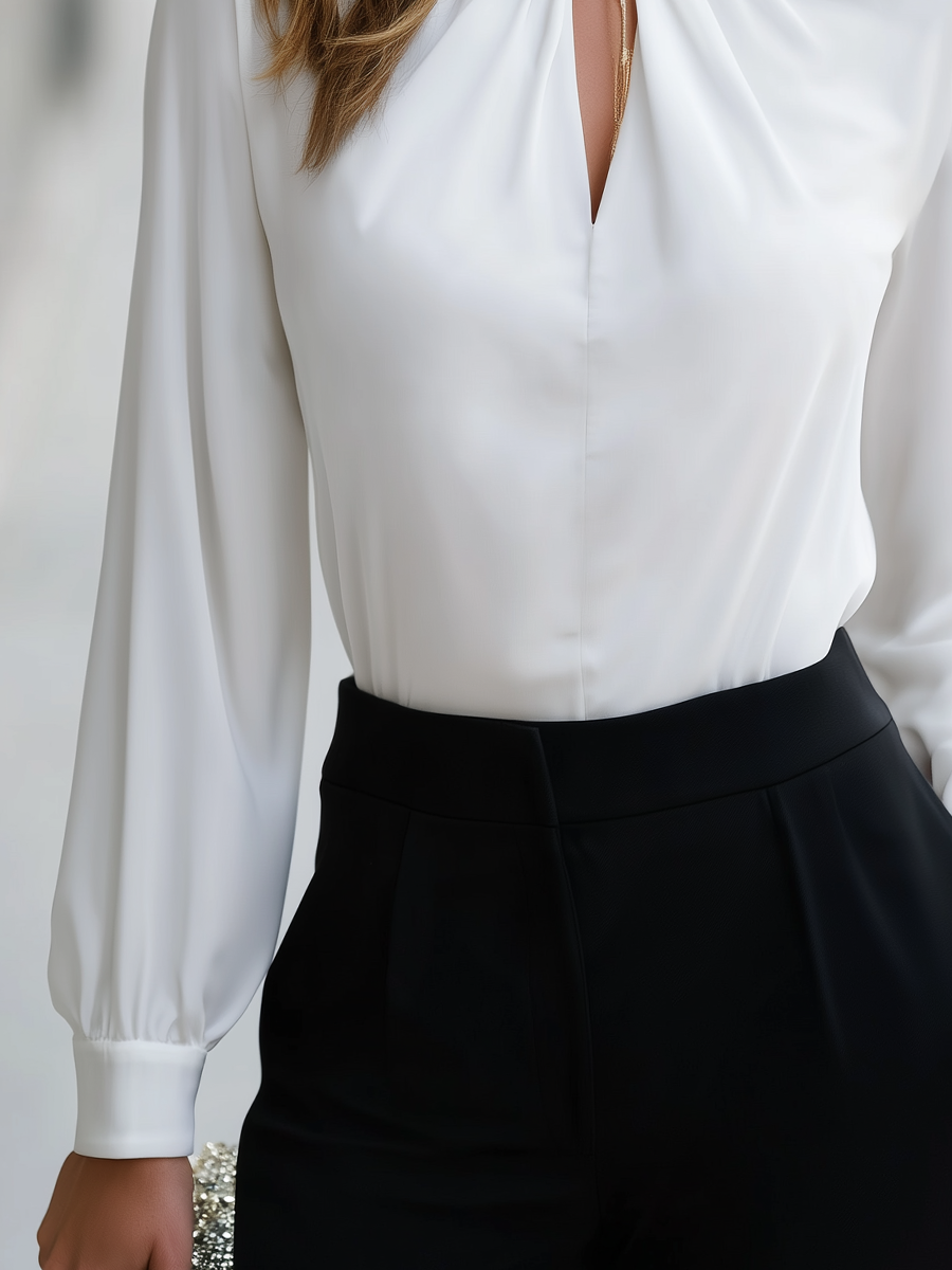 Shiza Collection White Stand Collar Keyhole Bishop Blouse